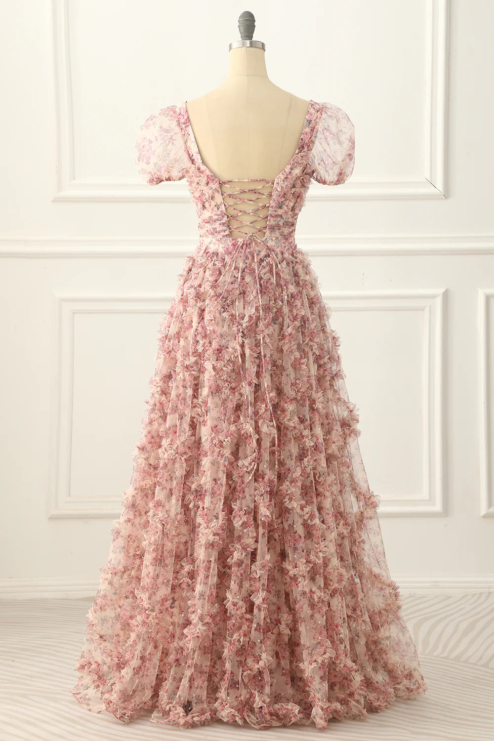 Pleated Lace-Up Back Flower Print A-Line Prom Dress